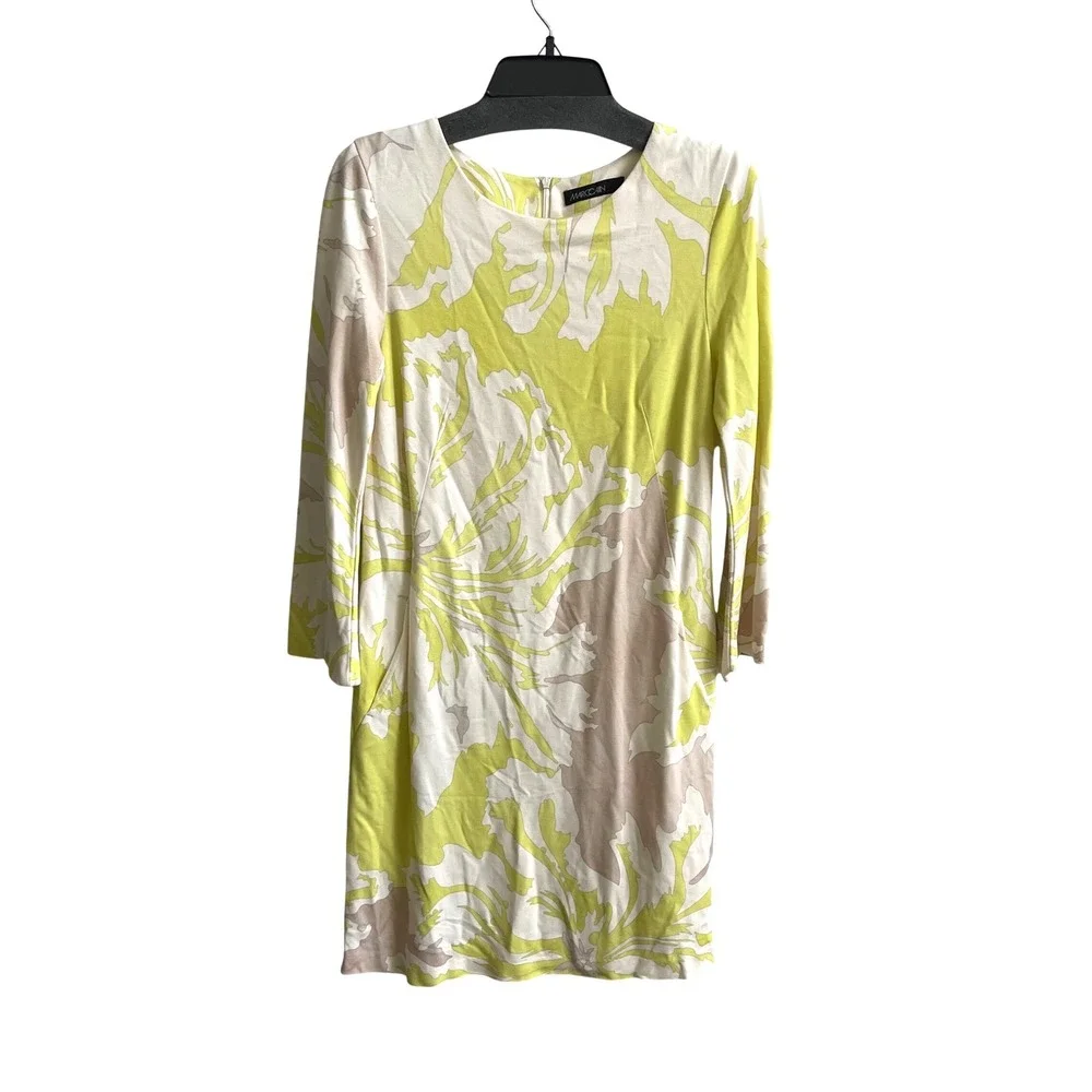 Marc Cain Floral Shift Dress Women N3 US 6/8 Lime Green Long Sleeve Italian Knit